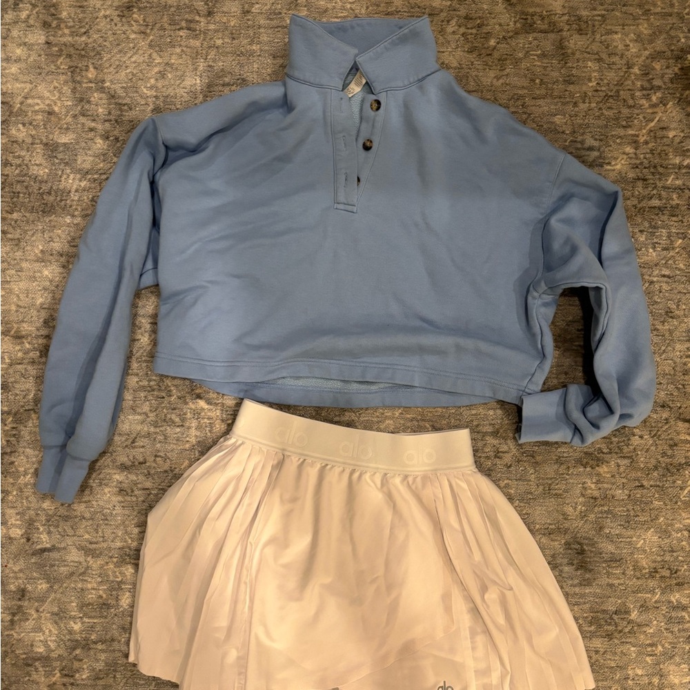 Tennis ALO set Baby Blue Cropped Pullover Sweatshirt and White Tennis Skirt